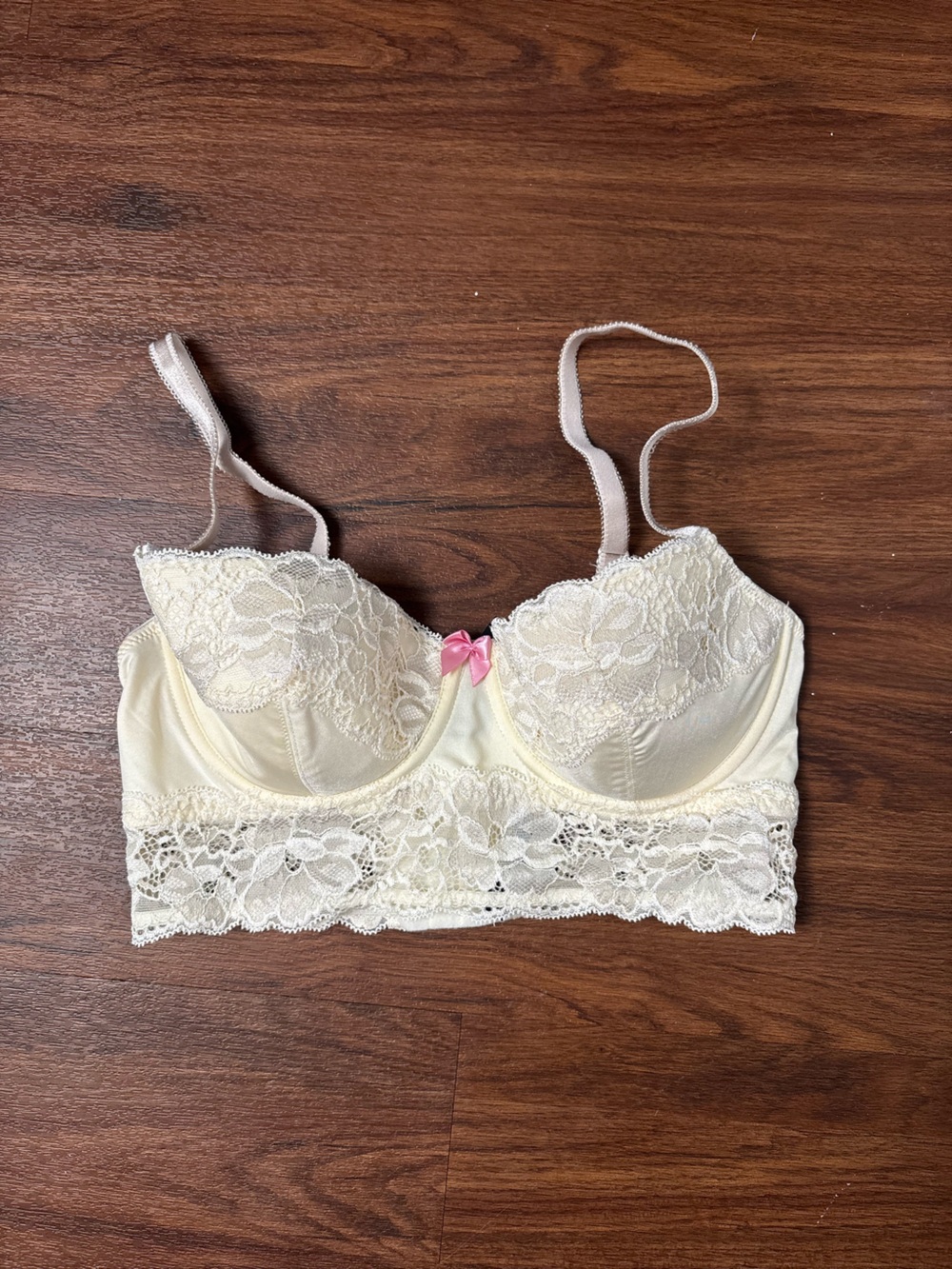 Adore Me Cream Lace Longline Bralette with Pink Bow